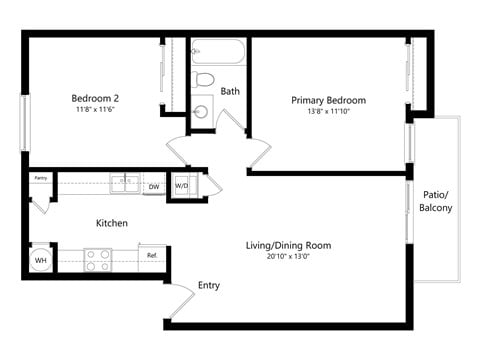 Floor plan for 2 beds, 1 bath, 670 sqft